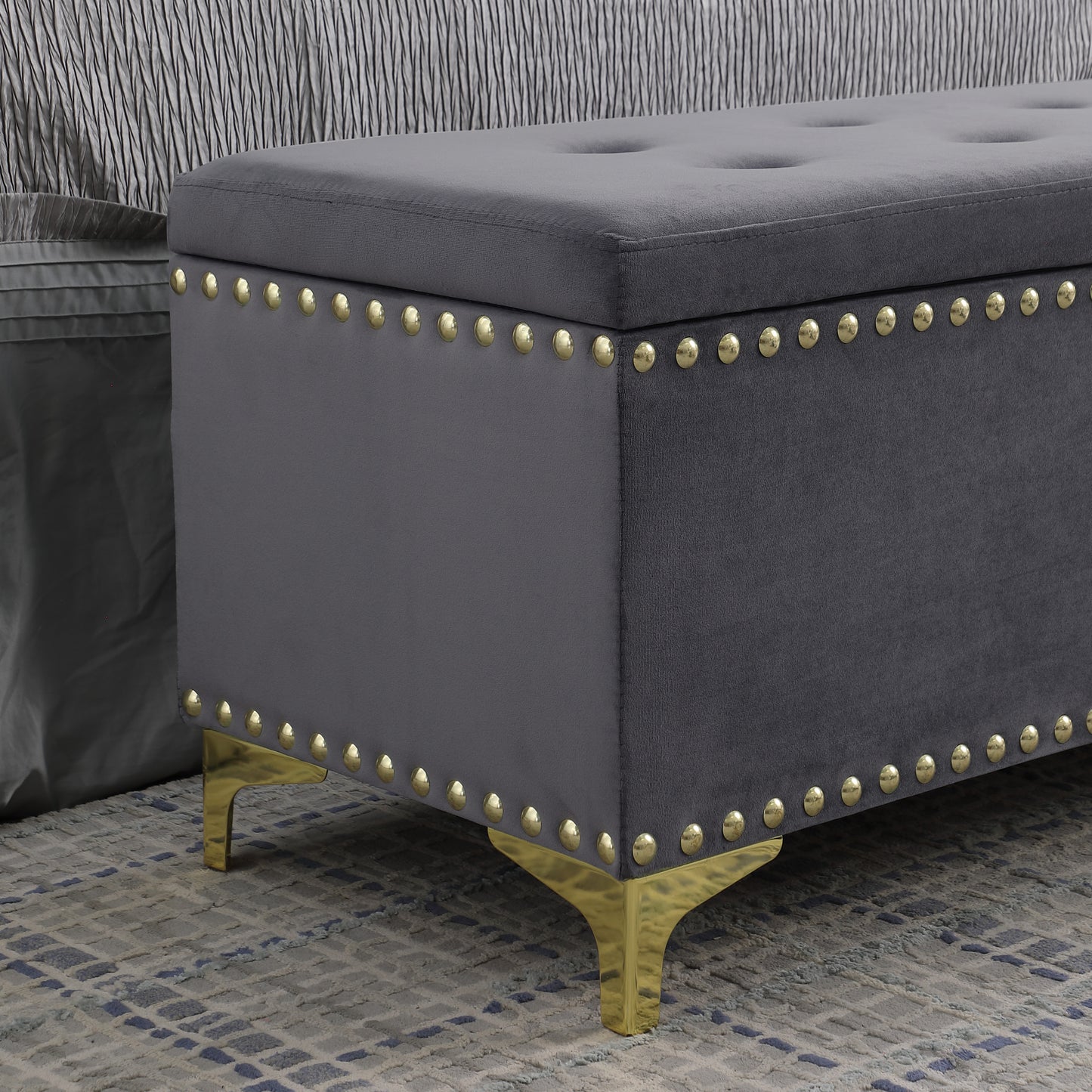 Large Storage Benches with Nailhead Trim Tufted Velvet 2 in 1 Combination for Living Room Entryway Hallway Bedroom Gold Legs 250lbs Capacity