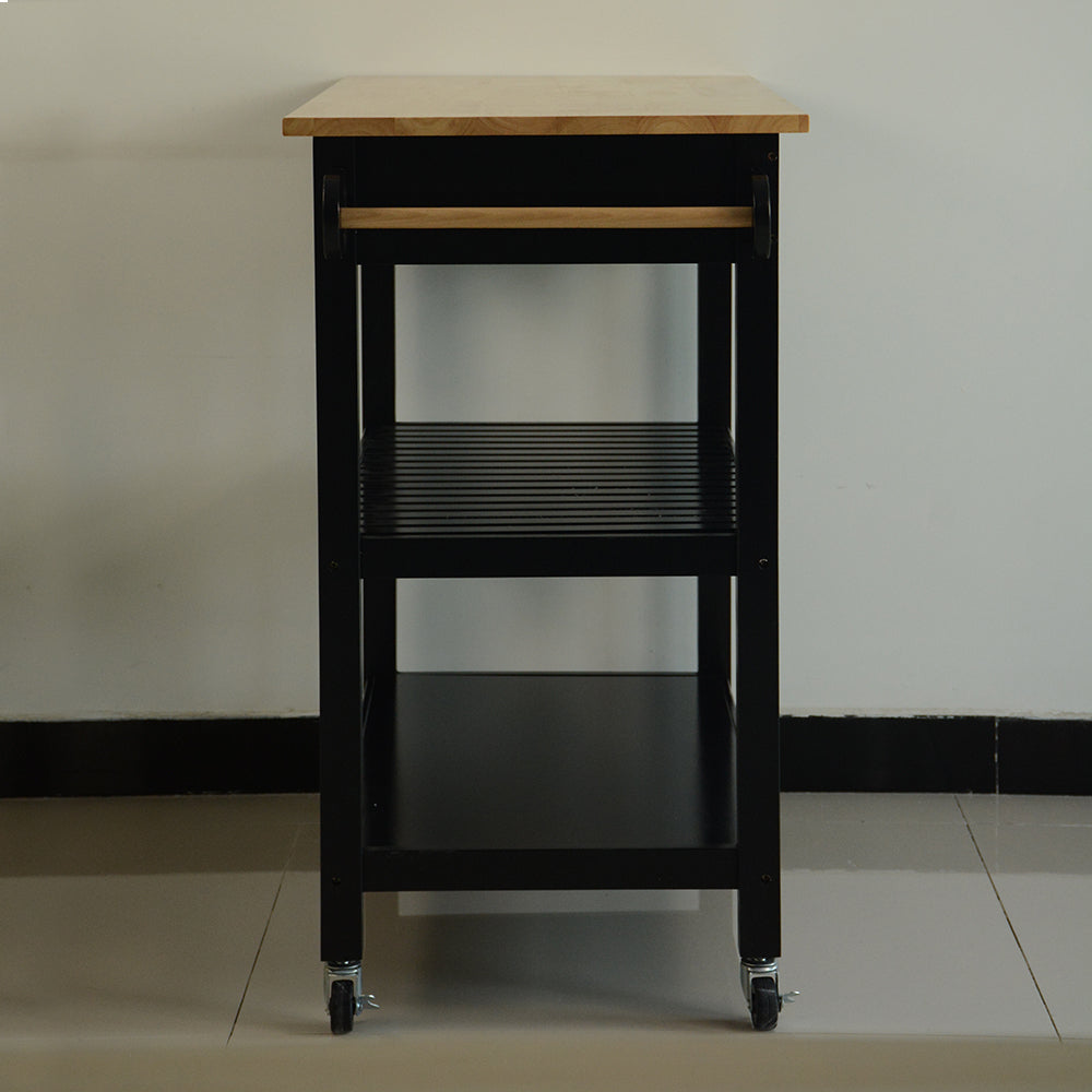 Mobile Kitchen Island Cart with Lockable Wheels Rubber Wood Top Black Design Perfect for Entertaining