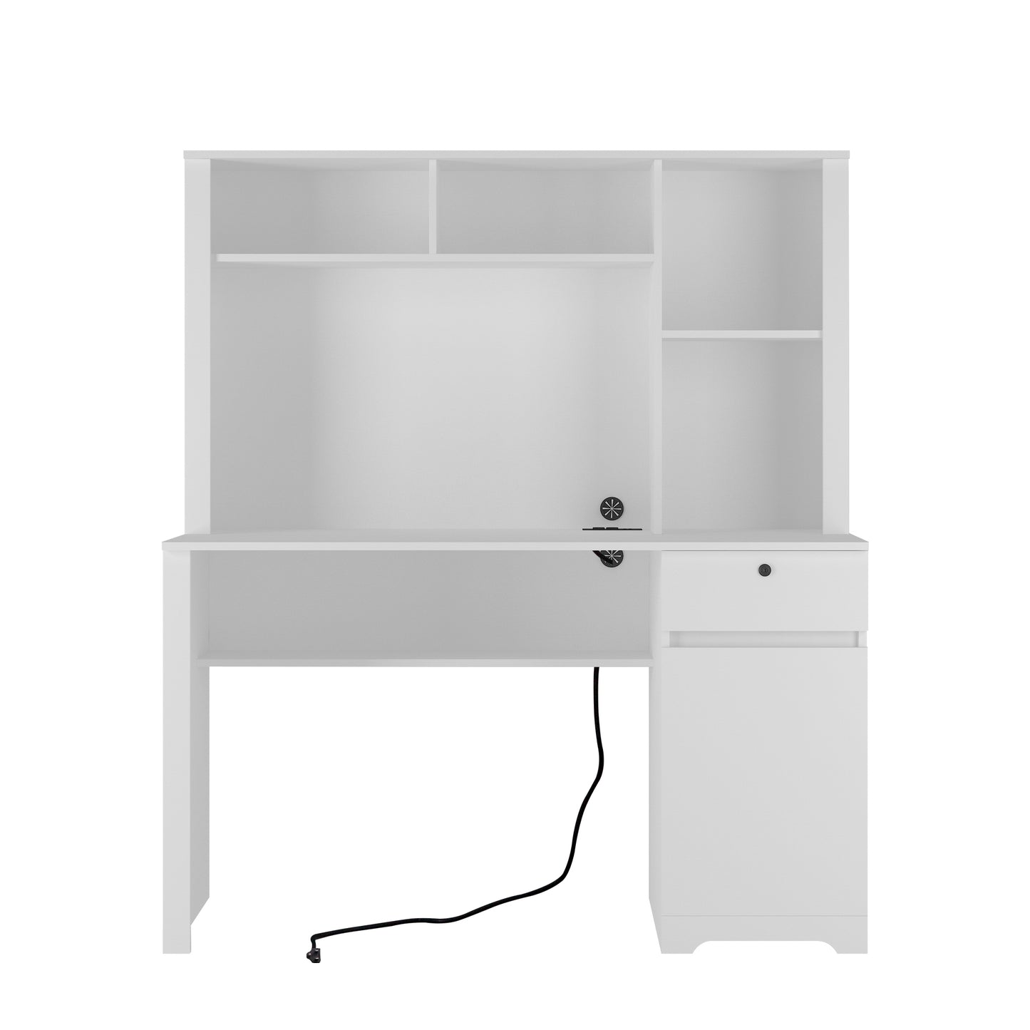 White Wood Executive Desk with Hutch Bookshelf 3 AC Outlets 2 USB Ports for Home Office Study