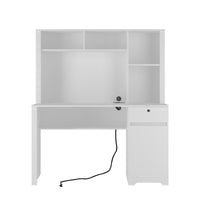 White Wood Executive Desk with Hutch Bookshelf 3 AC Outlets 2 USB Ports for Home Office Study