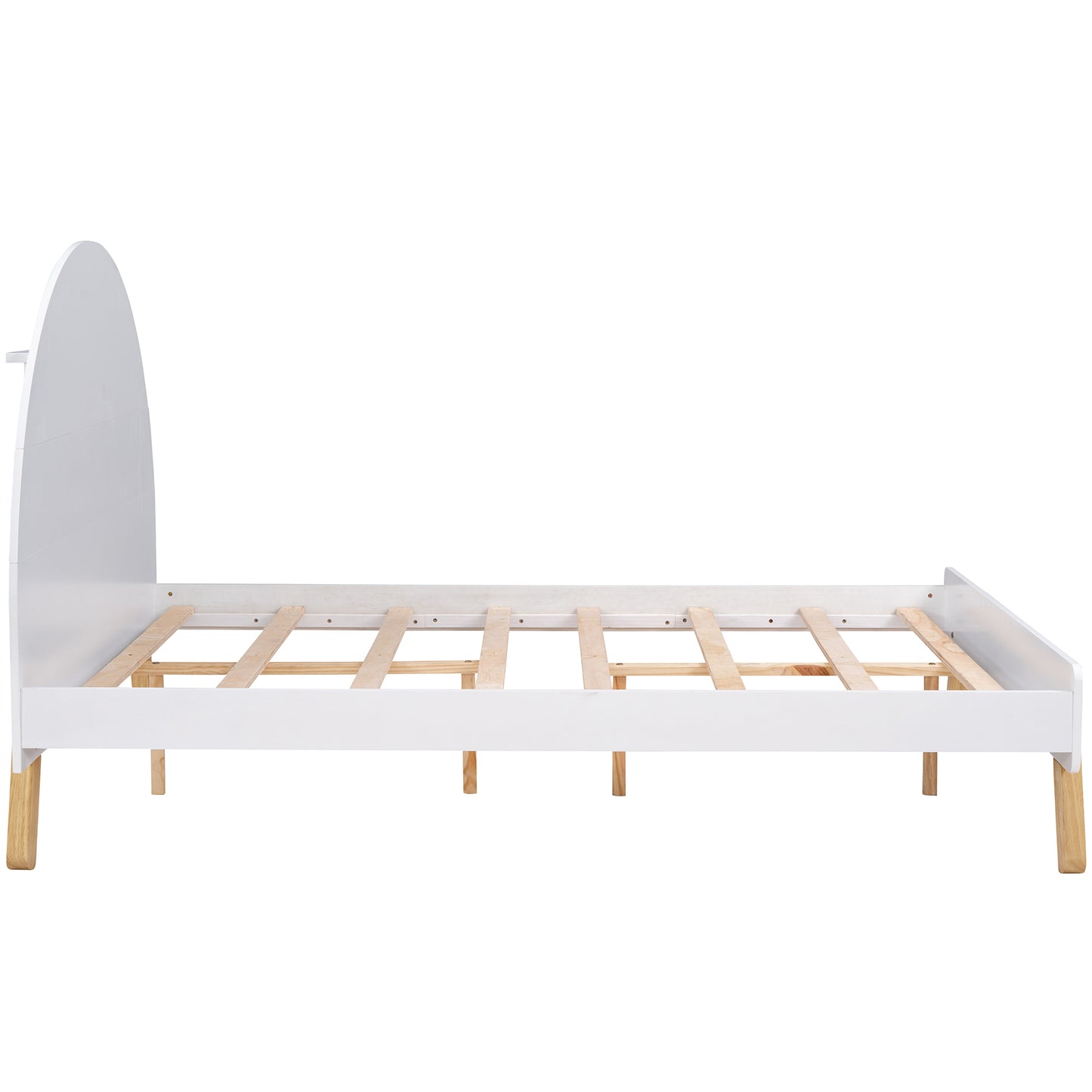 Wooden Cute Full Size Platform Bed with Curved Headboard and Shelf White