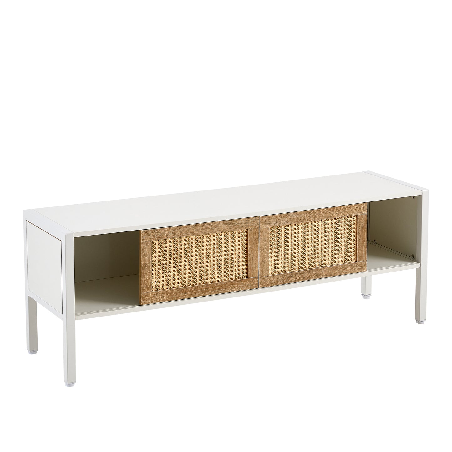 Rattan TV Cabinet with Color Changing Light Strip Double Sliding Doors Adjustable Shelf Metal Legs for Living Room White