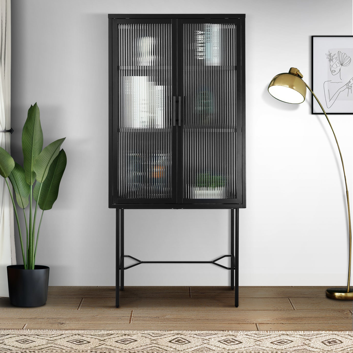 Elegant Floor Cabinet with 2 Tempered Glass Doors Adjustable Shelves Dust-Free Easy Assembly Black Living Room Display Storage