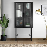 Elegant Floor Cabinet with 2 Tempered Glass Doors Adjustable Shelves Dust-Free Easy Assembly Black Living Room Display Storage