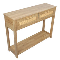 Console Table with 2 Drawers and Open Storage Shelf Narrow Accent Table Rattan Design for Living Room Entryway Hallway Natural Color