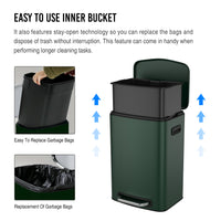 13 Gallon 50L Kitchen Foot Pedal Soft Close Trash Can Stainless Steel Rectangular Bin with 30 Garbage Bags Green