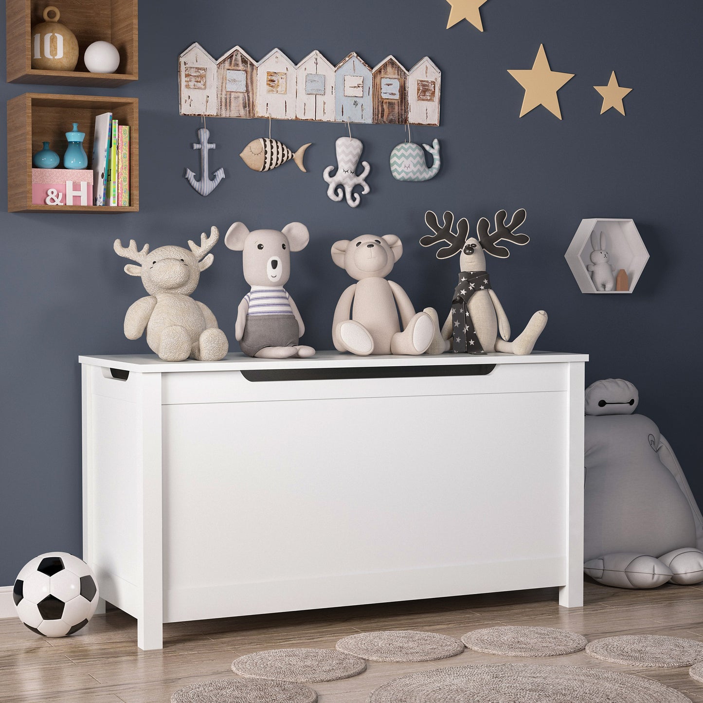 Kids Wooden Toy Box Storage with Safety Hinged Lid for Ages 2 and Up White