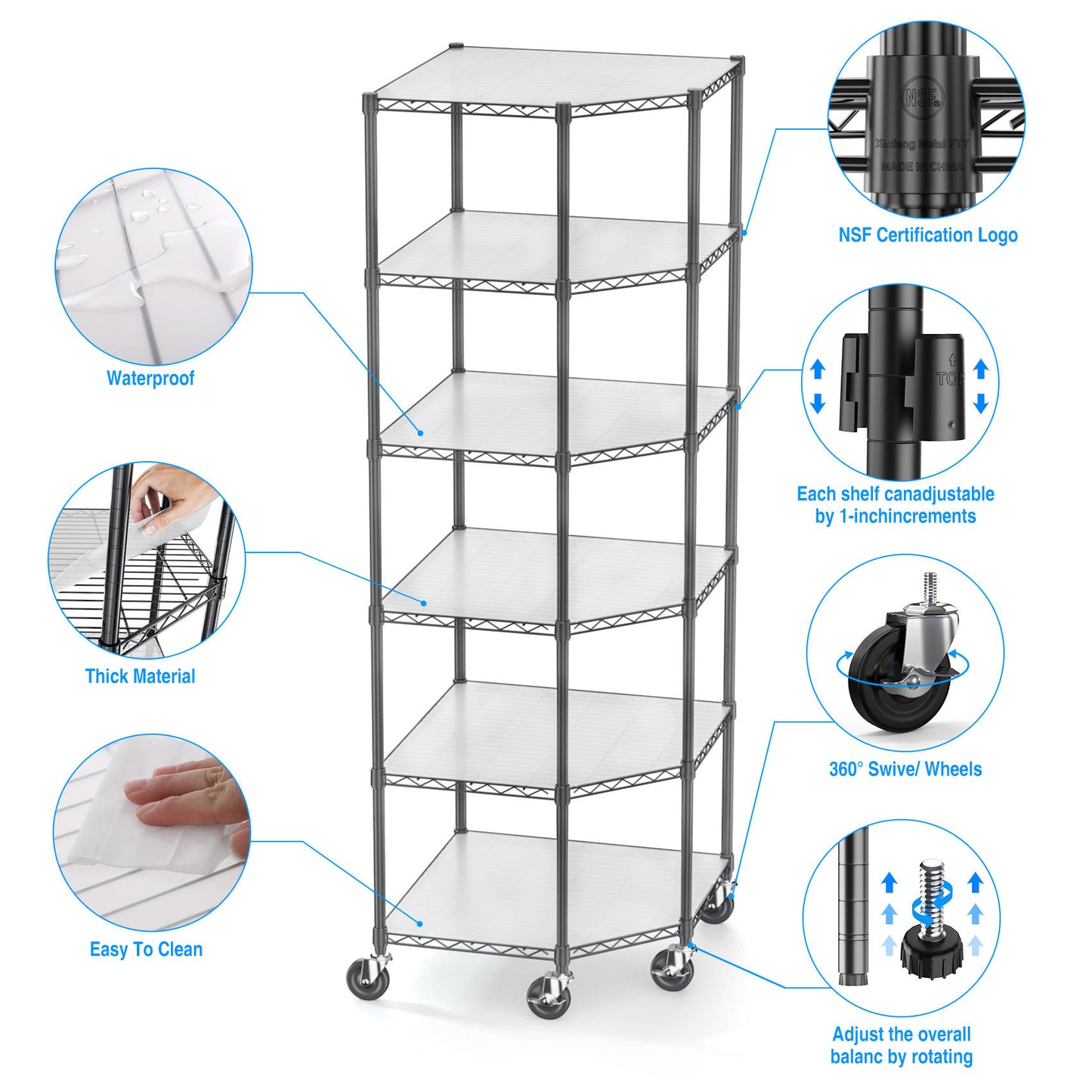 6 Tier Corner Wire Shelf Rack with Wheels Adjustable Metal Heavy Duty Free Standing Storage Display for Bathroom Living Room Kitchen Black