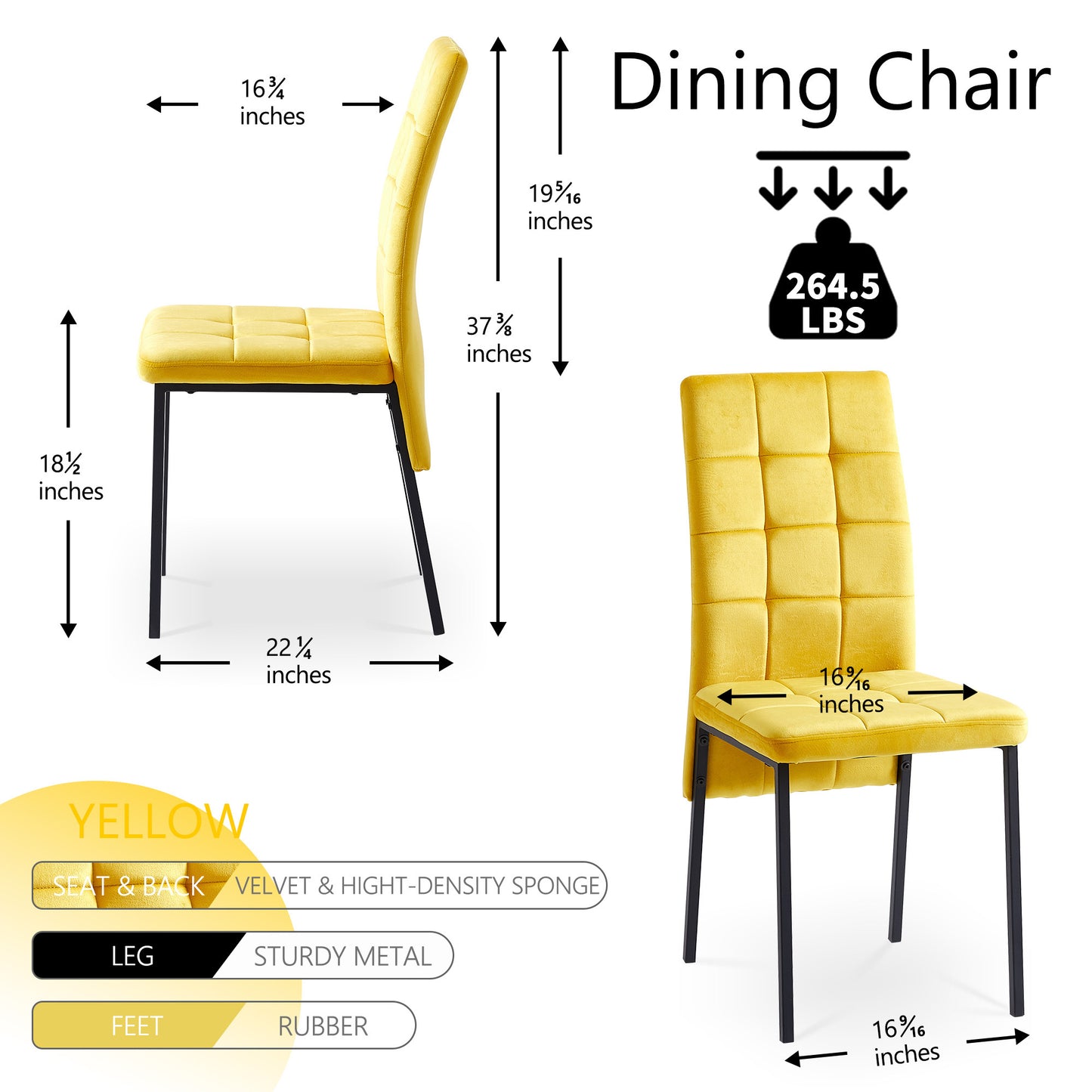 Yellow Velvet High Back Dining Chair Set of 4 Modern Fabric Chairs with Black Legs Nordic Style