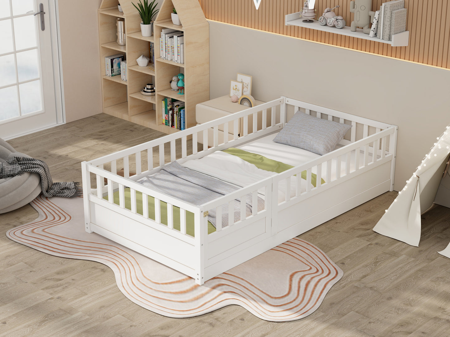 Montessori Twin Size Floor Bed with High Security Barrier and Door for Kids