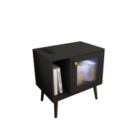 LED Nightstand with Charging Station Modern End Table with Drawer Glass Door Bedside Table for Bedroom Living Room Black