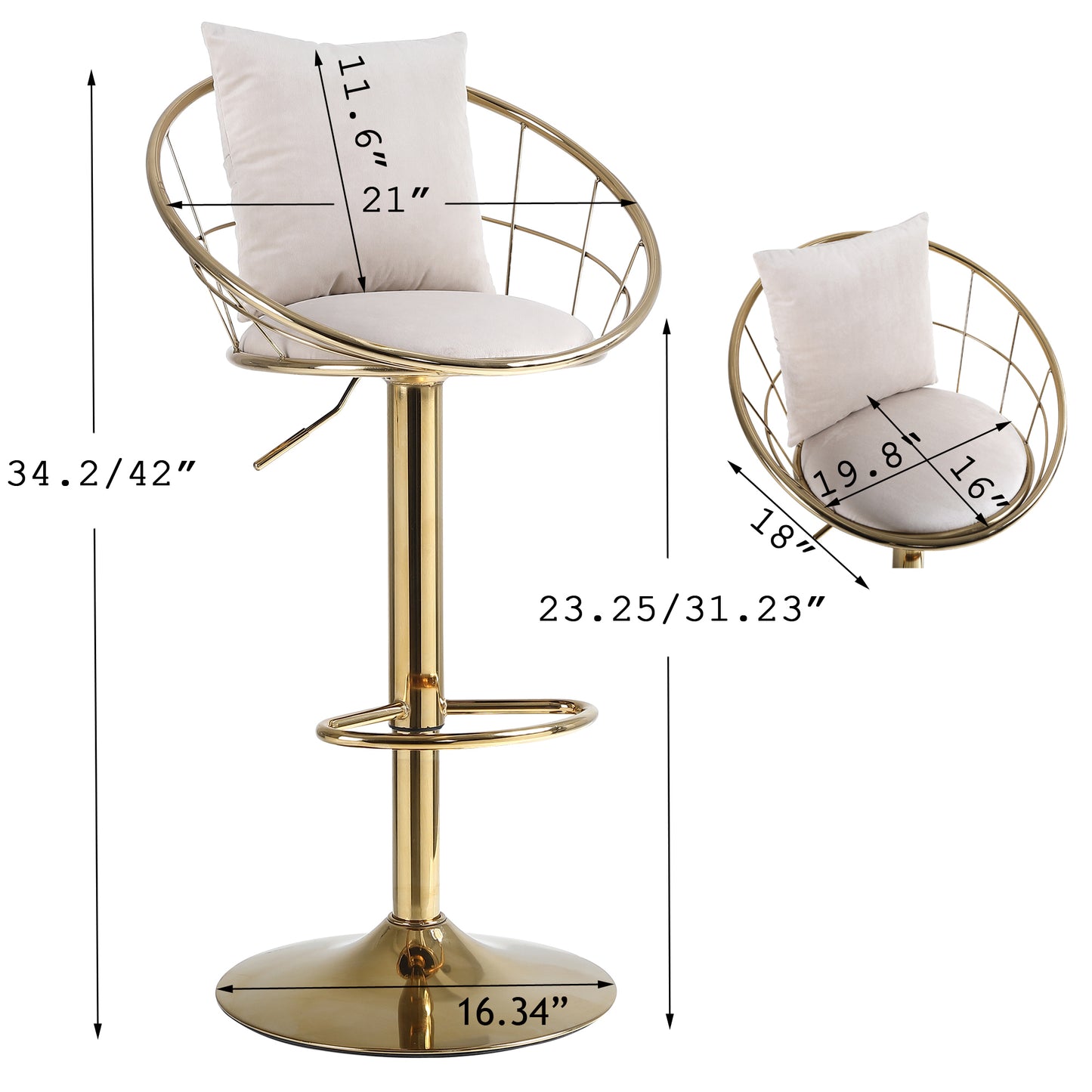 Velvet Bar Chair Set of 2 Pure Gold Plated Unique Design 360 Degree Rotation Adjustable Height for Dining Room and Bar