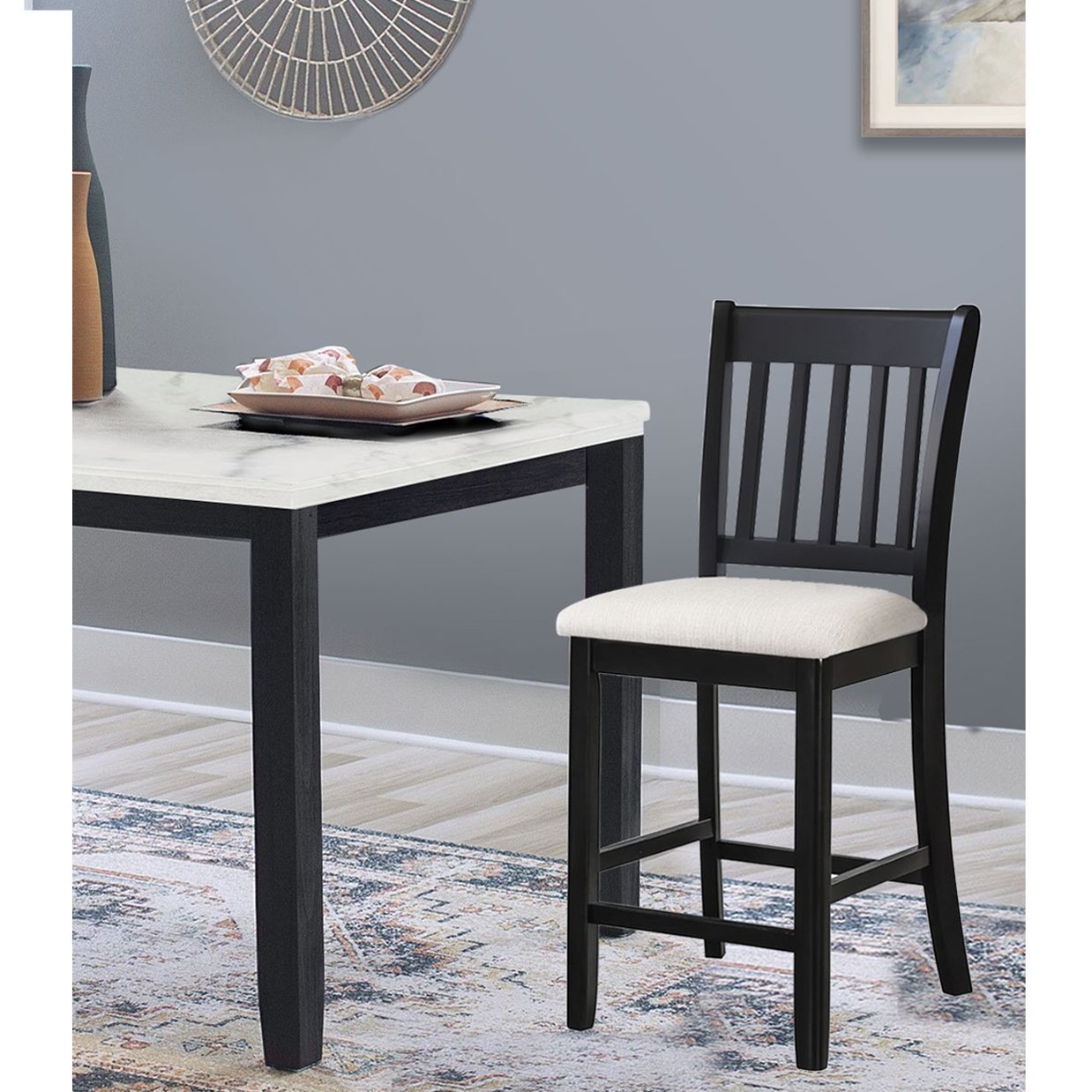 Casual Black Finish Rubberwood Dining Chairs Set of 2 Slatted Back Transitional Counter Seating