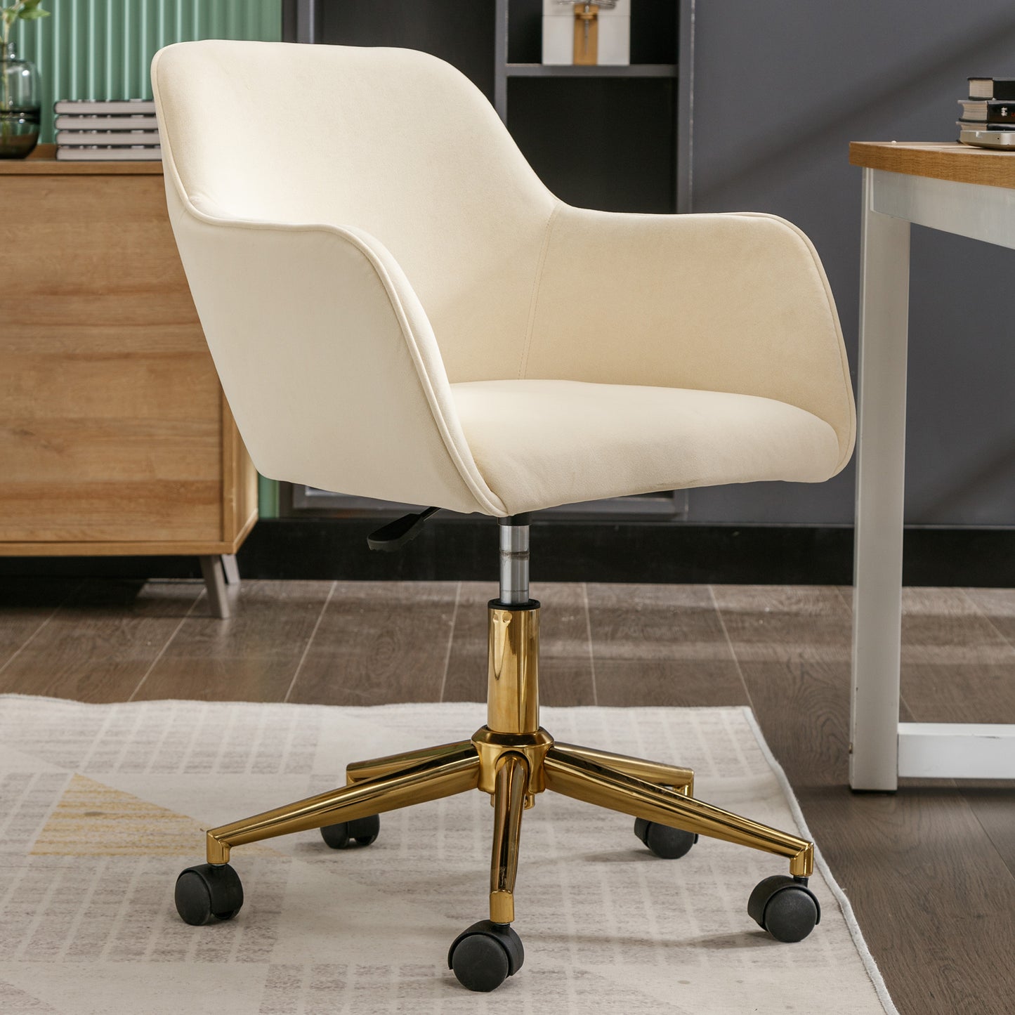 Adjustable Height 360 Revolving Velvet Office Chair with Gold Metal Legs and Universal Wheels Beige