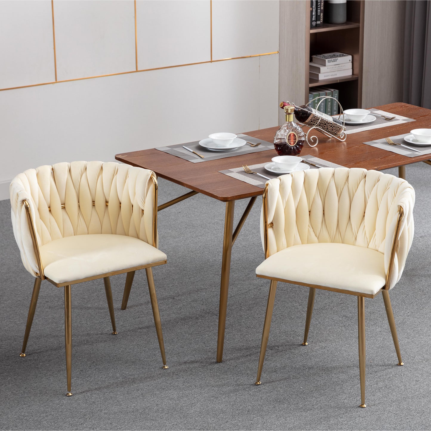 Modern Velvet Dining Chair Set of 2 with Golden Metal Frame and Legs Ivory Color