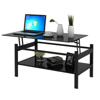 Modern Glass Lift Top Coffee Table with 2-Layer Design for Living Room Black Tempered Glass
