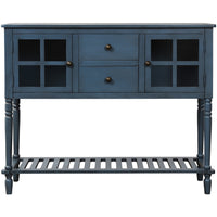 Farmhouse Antique Navy Sideboard Console Table with Bottom Shelf Wood Glass Buffet Storage Cabinet for Living Room