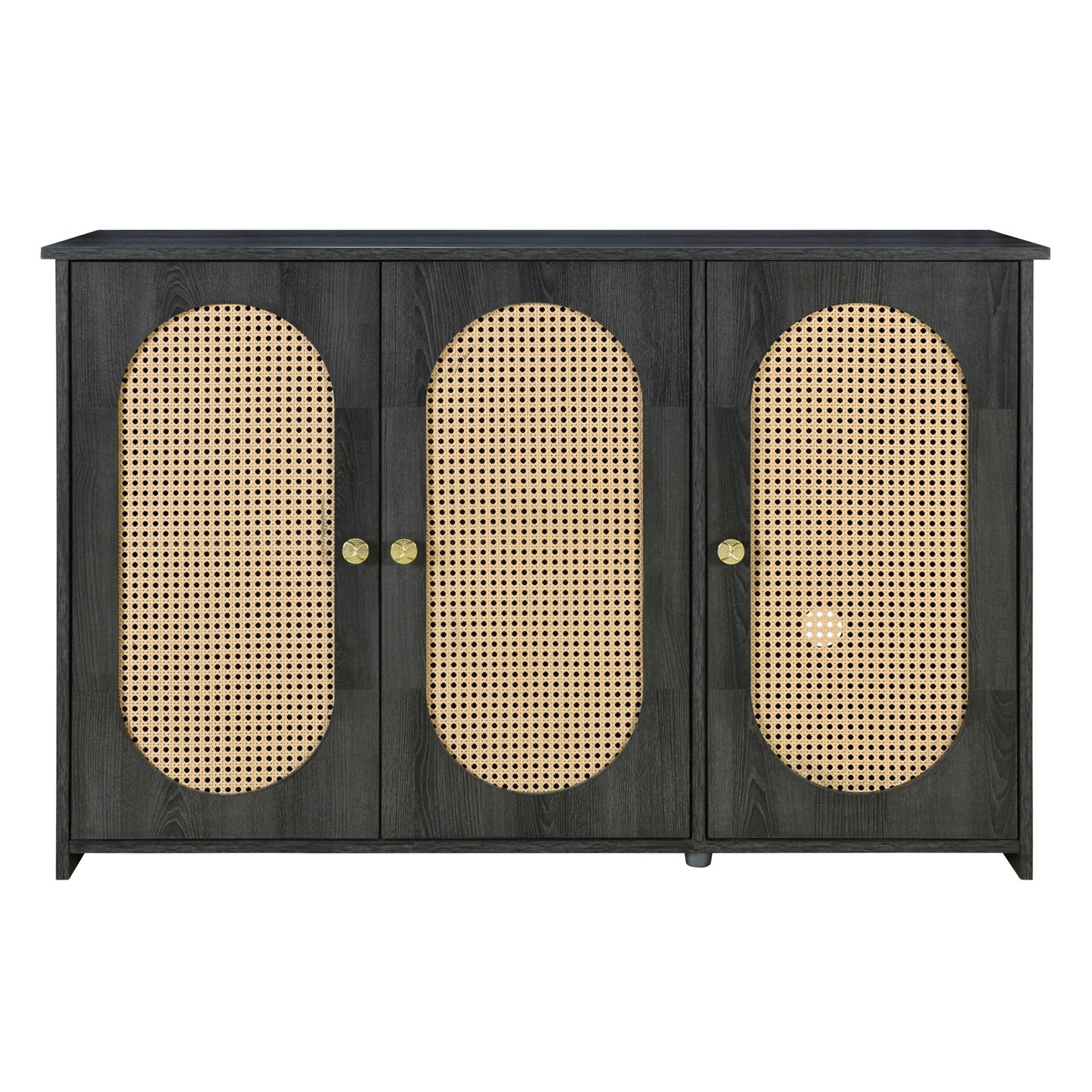 Retro 3-Door Accent Cabinet with Rattan Doors and Metal Handles for Living Room and Hallway Antique Black