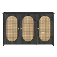 Retro 3-Door Accent Cabinet with Rattan Doors and Metal Handles for Living Room and Hallway Antique Black