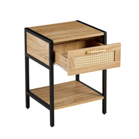 15.74 Inch Rattan End Table with Drawer Modern Nightstand Metal Legs Side Table for Living Room Bedroom Natural Finish