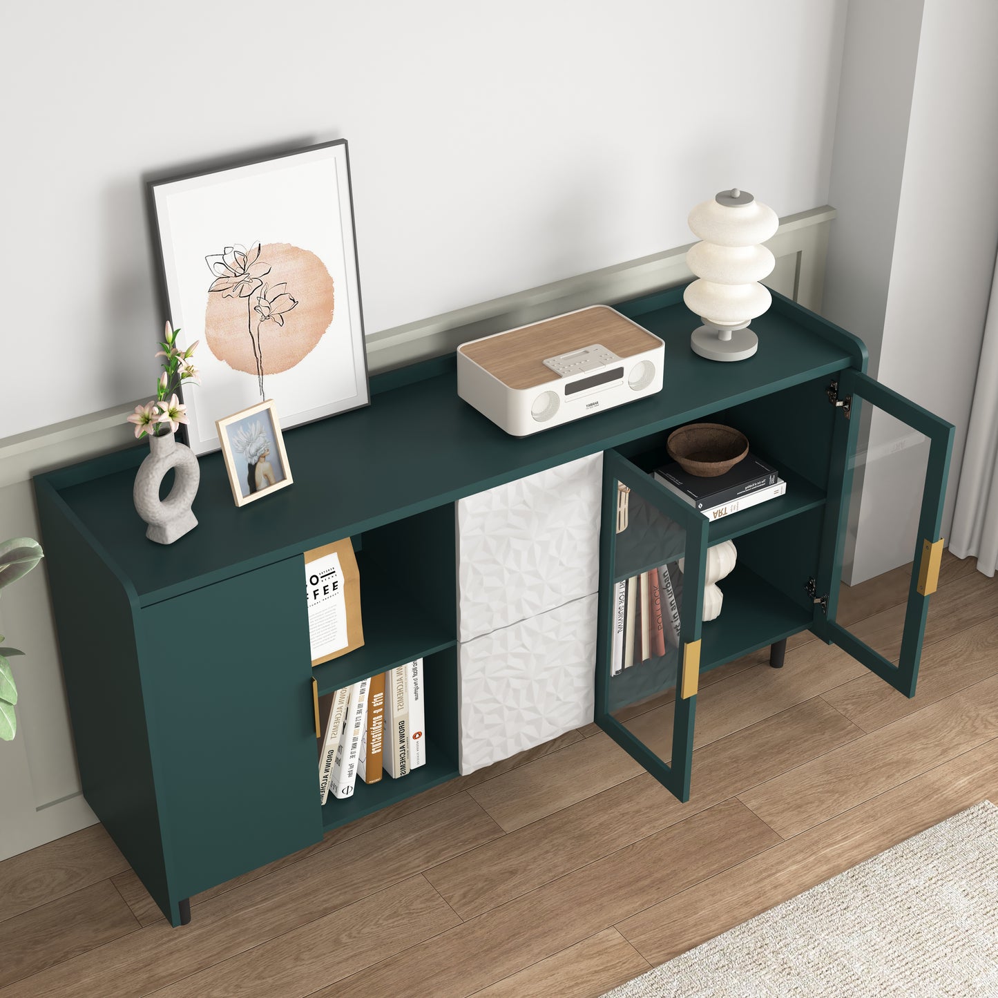 Modern 55 Coffee Bar Storage Cabinet with 2 Drawers and Glass Doors for Kitchen and Living Room Green