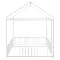Full Size Metal Bed House Bed Frame with Fence, for Kids, Teens, Girls, Boys,White