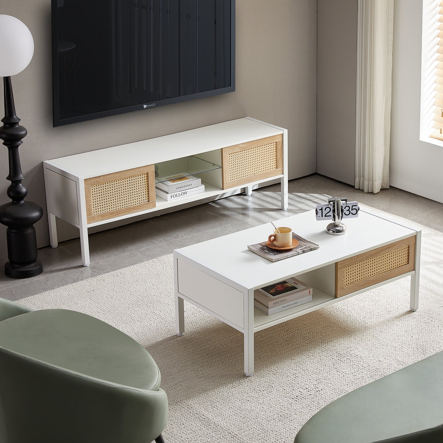 Rattan TV Cabinet with Color Changing Light Strip Double Sliding Doors Adjustable Shelf Metal Legs for Living Room White