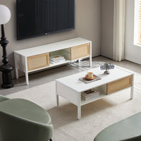 Rattan TV Cabinet with Color Changing Light Strip Double Sliding Doors Adjustable Shelf Metal Legs for Living Room White