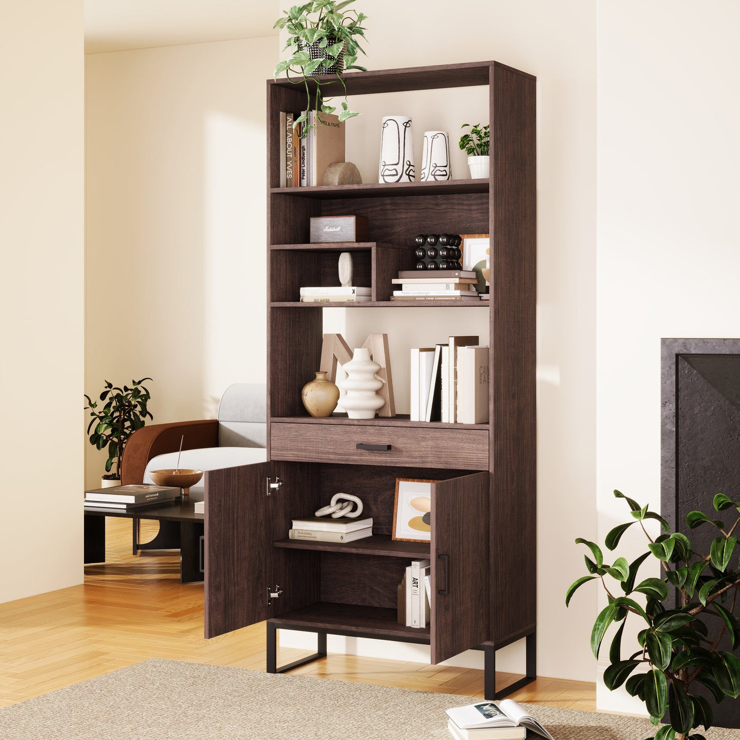 Tall Walnut Finish Open Bookshelf with LED Lights and Storage Drawer for Living Room and Office