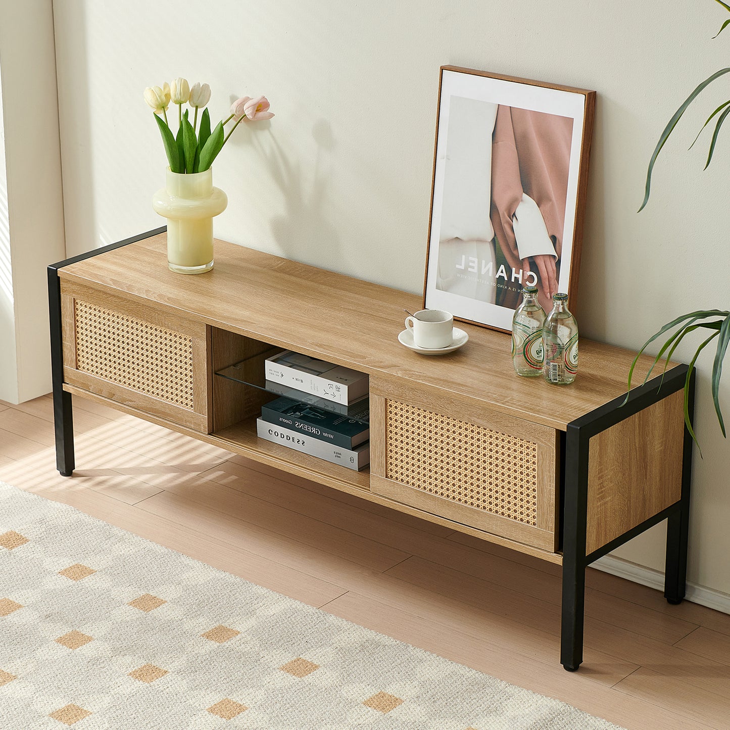 Rattan TV Cabinet with Adjustable Shelf Double Sliding Doors and Color Light Strip Metal Legs for Living Room Storage