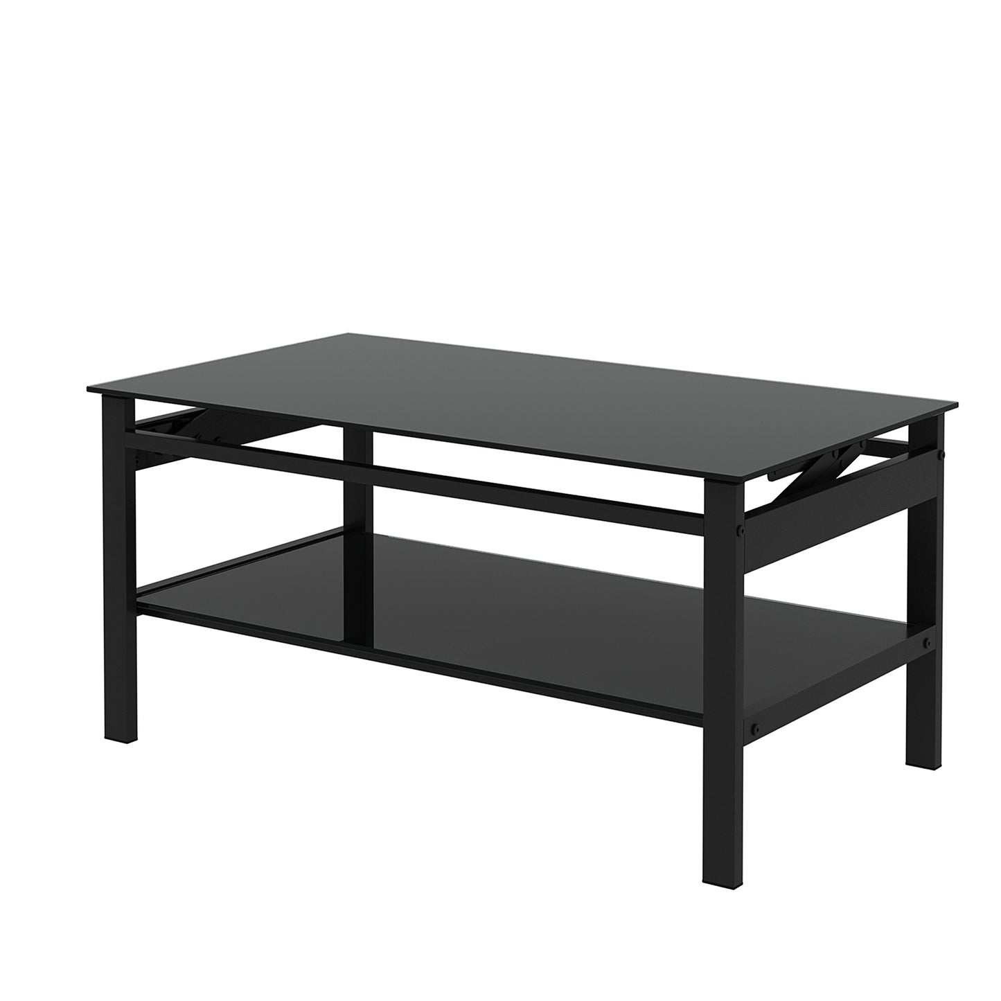 Modern Glass Lift Top Coffee Table with 2-Layer Design for Living Room Black Tempered Glass
