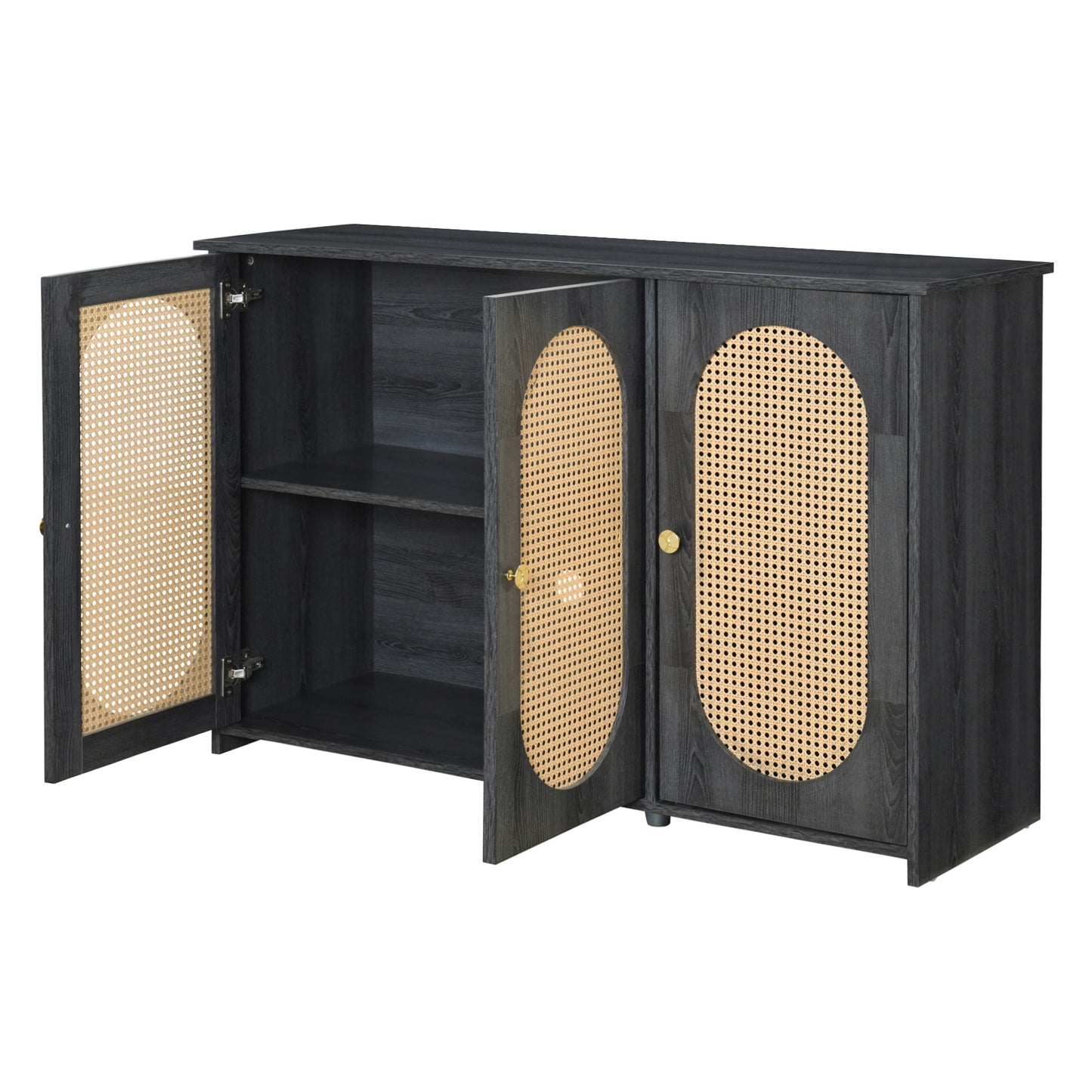 Retro 3-Door Accent Cabinet with Rattan Doors and Metal Handles for Living Room and Hallway Antique Black