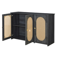 Retro 3-Door Accent Cabinet with Rattan Doors and Metal Handles for Living Room and Hallway Antique Black
