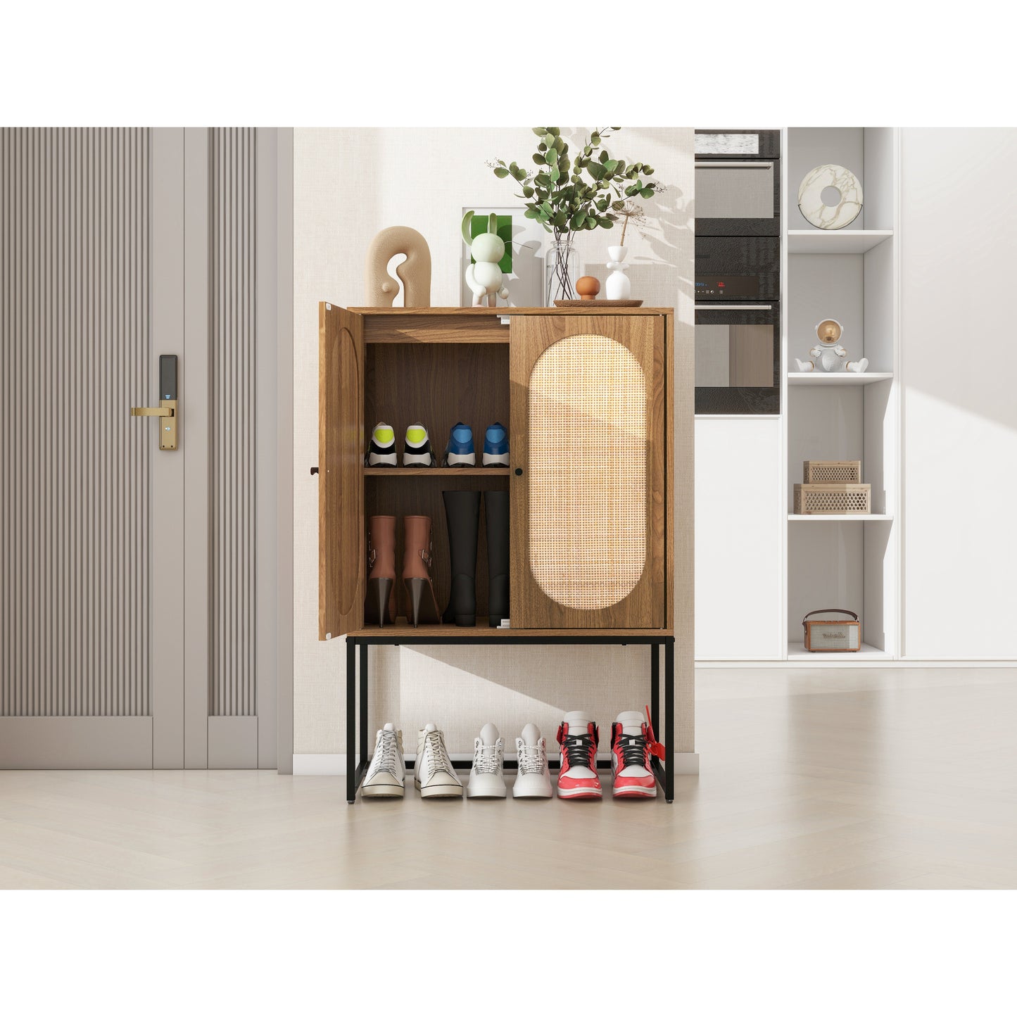 Natural Rattan High Cabinet with 2 Doors, Built-in Adjustable Shelf, Easy Assembly Free Standing Storage for Living Room or Bedroom