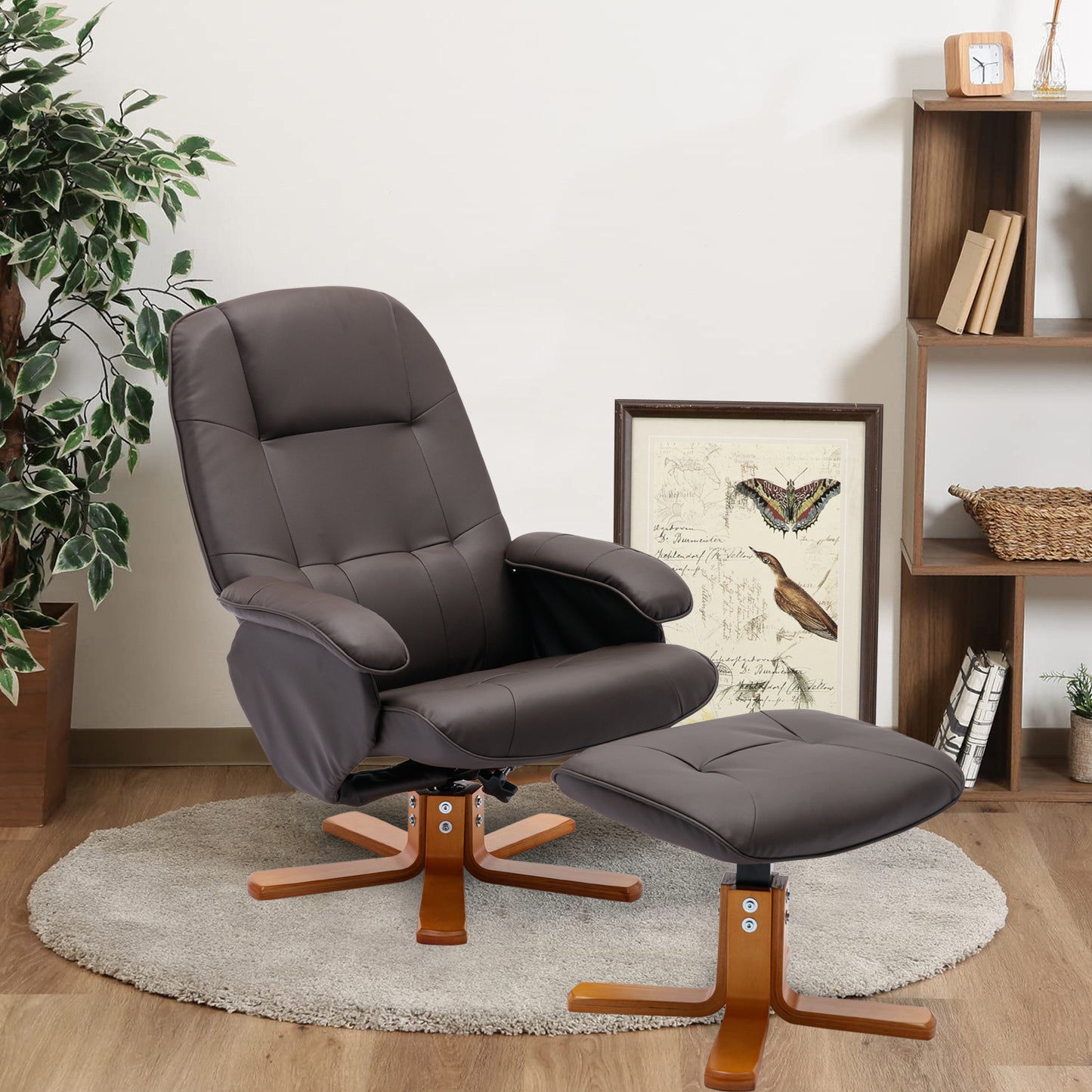 Swivel Recliner Chair with Ottoman Faux Leather Beige Brown Wood Base for Living Room Bedroom