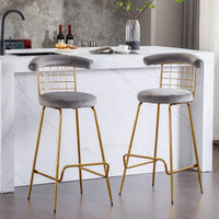 Luxury Velvet High Bar Stool Set of 2 with Metal Legs Soft Back Armless Modern Kitchen Dining Chairs Grey