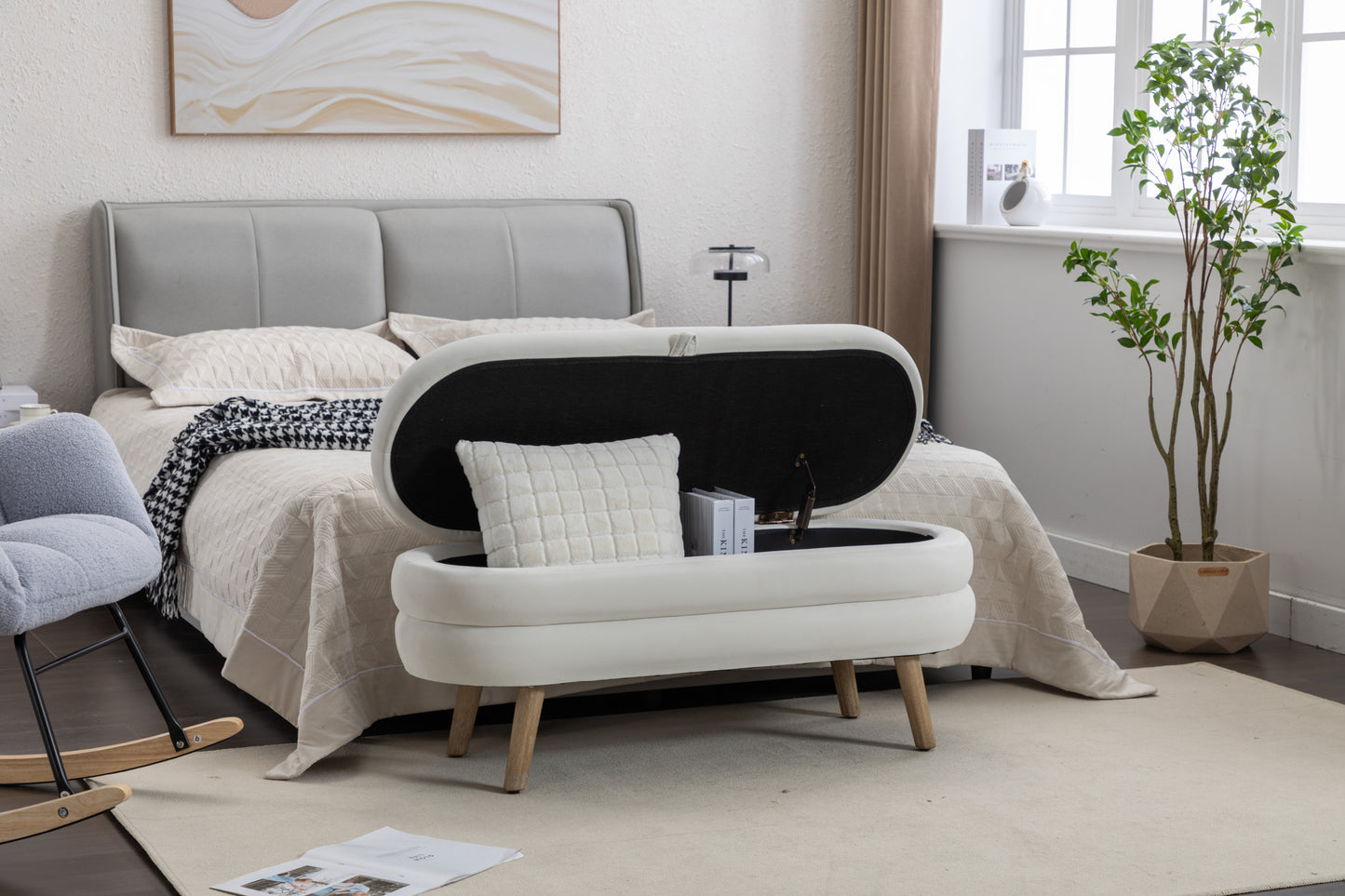 Velvet Fabric Storage Bench Bedroom Bench With Wood Legs For Living Room Bedroom Indoor