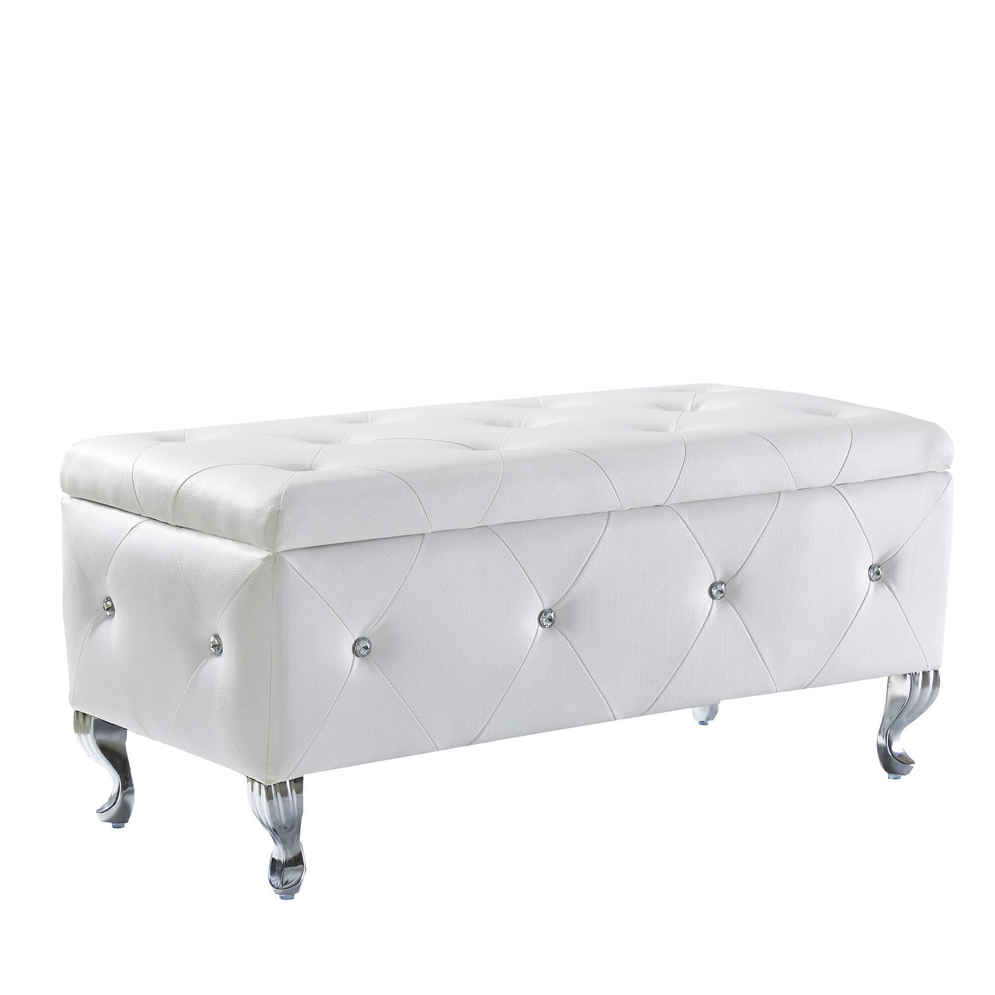 Upholstered Storage Ottoman Bench Faux Leather Rectangular Footrest with Crystal Buttons for Bedroom Living Room Entryway White