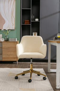 Adjustable Height 360 Revolving Velvet Office Chair with Gold Metal Legs and Universal Wheels Beige