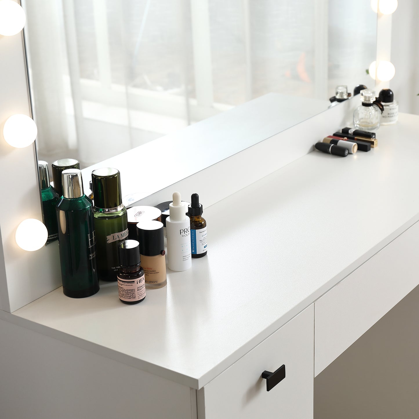 Lighted Vanity Table with Adjustable Brightness Mirror 3 Drawer Storage Cabinet 3 Color Lighting Modes White