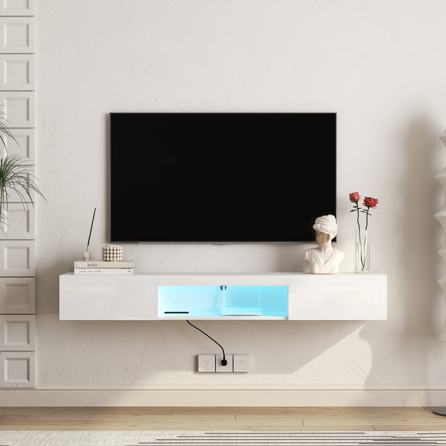 Floating TV Stand Wall Mounted, 63 Modern TV Cabinet with 20 Color LEDs, Entertainment Center for 55-65 Inch TV, White Finish