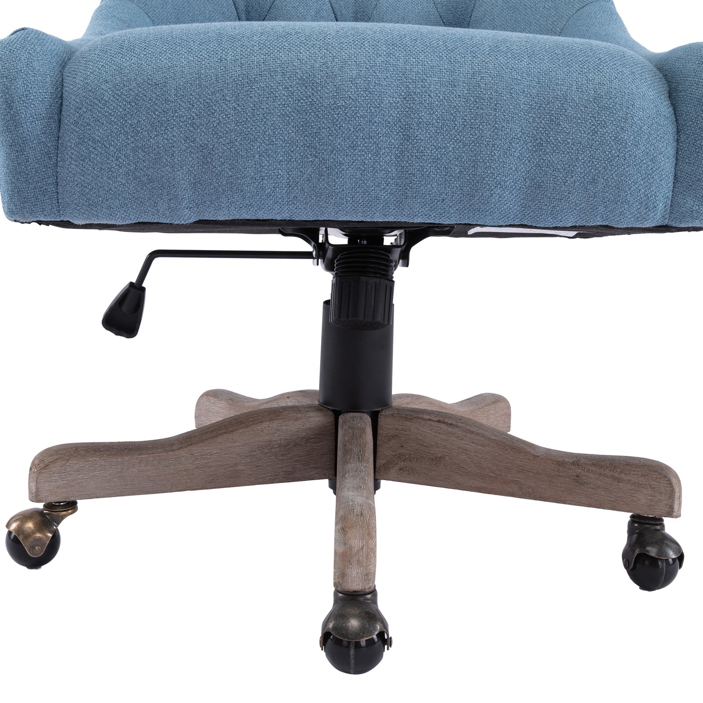 Adjustable Height Swivel Office Chair with Wheels Linen Fabric Upholstered Desk Chair Wooden Legs Navy