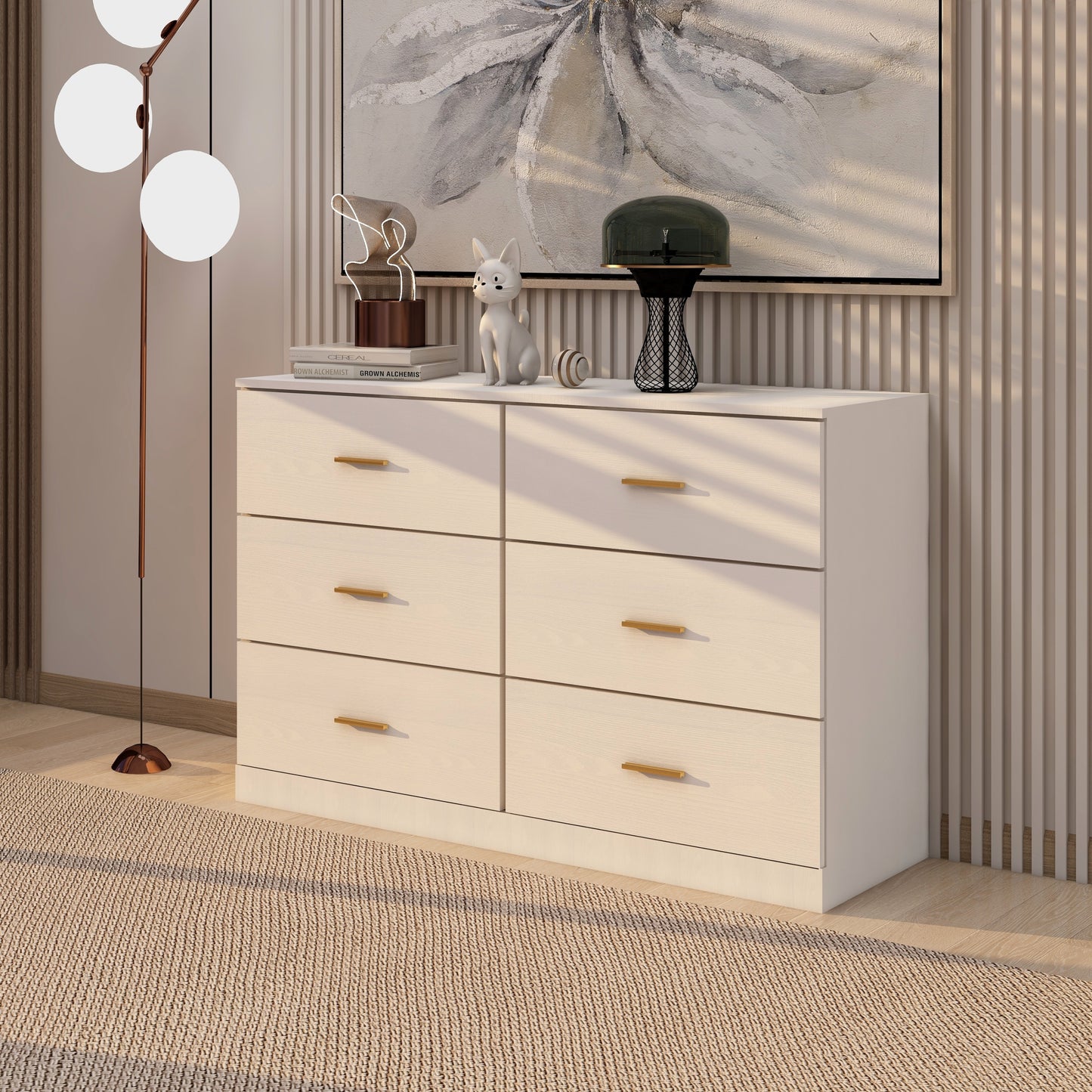 Modern White 6-Drawer Dresser Ample Storage Wide Chest of Drawers Sturdy Safe Furniture for Bedroom