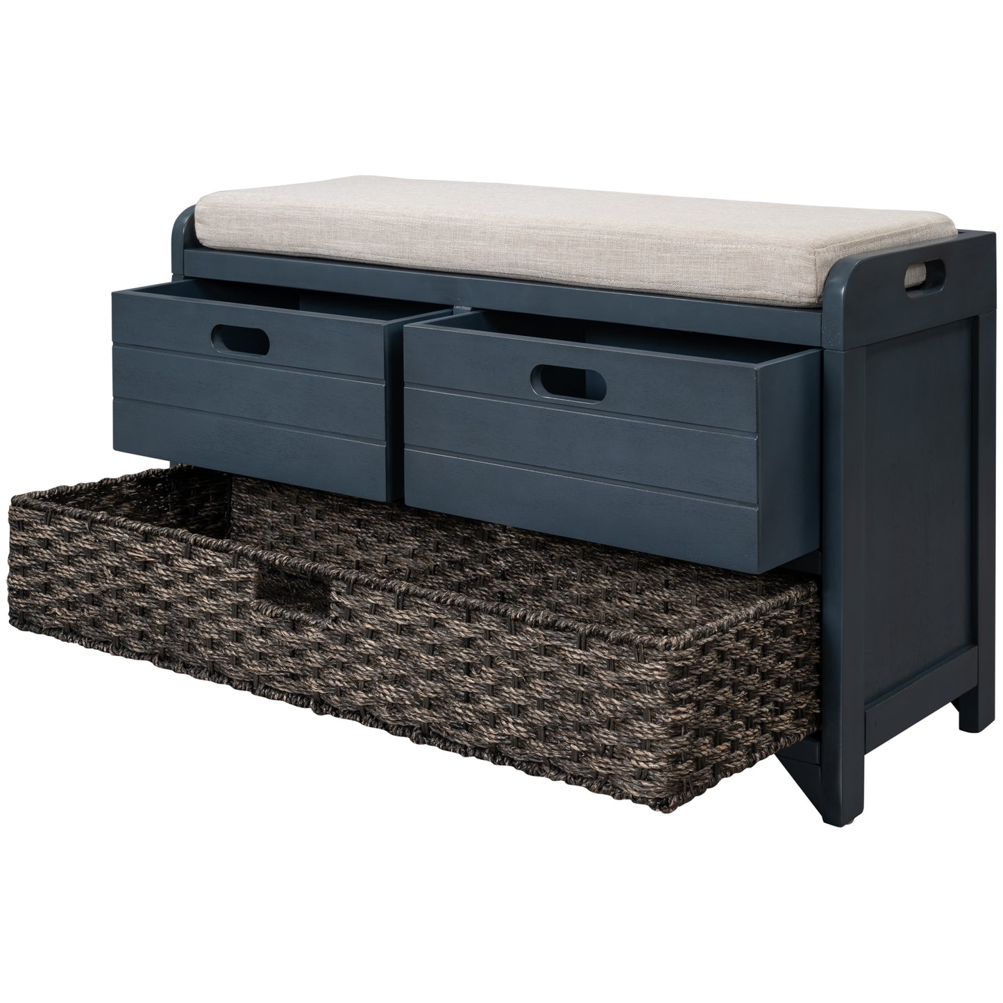 Storage Bench with Removable Basket and 2 Drawers Fully Assembled Shoe Bench with Cushion Navy