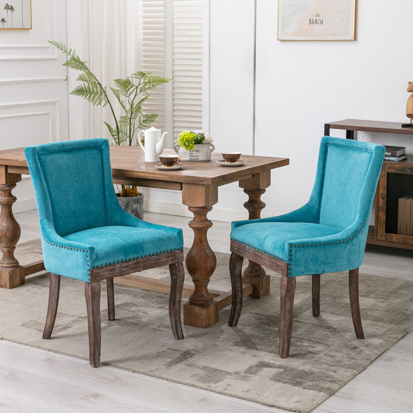 Ultra Side Dining Chair，Thickened fabric chairs with neutrally toned solid wood legs， Bronze nail head，Set of 2，Blue