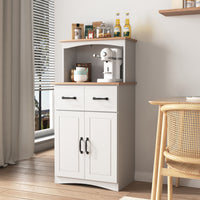 White Wooden Kitchen Cabinet - Pantry Storage Unit with Microwave Shelf and Storage Drawer for Kitchen Organization