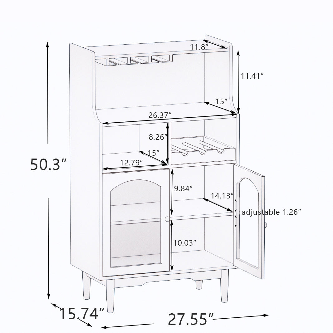 Living Room White Wine Cabinet with Removable Wine Rack and Glass Door Storage for Wine Glasses