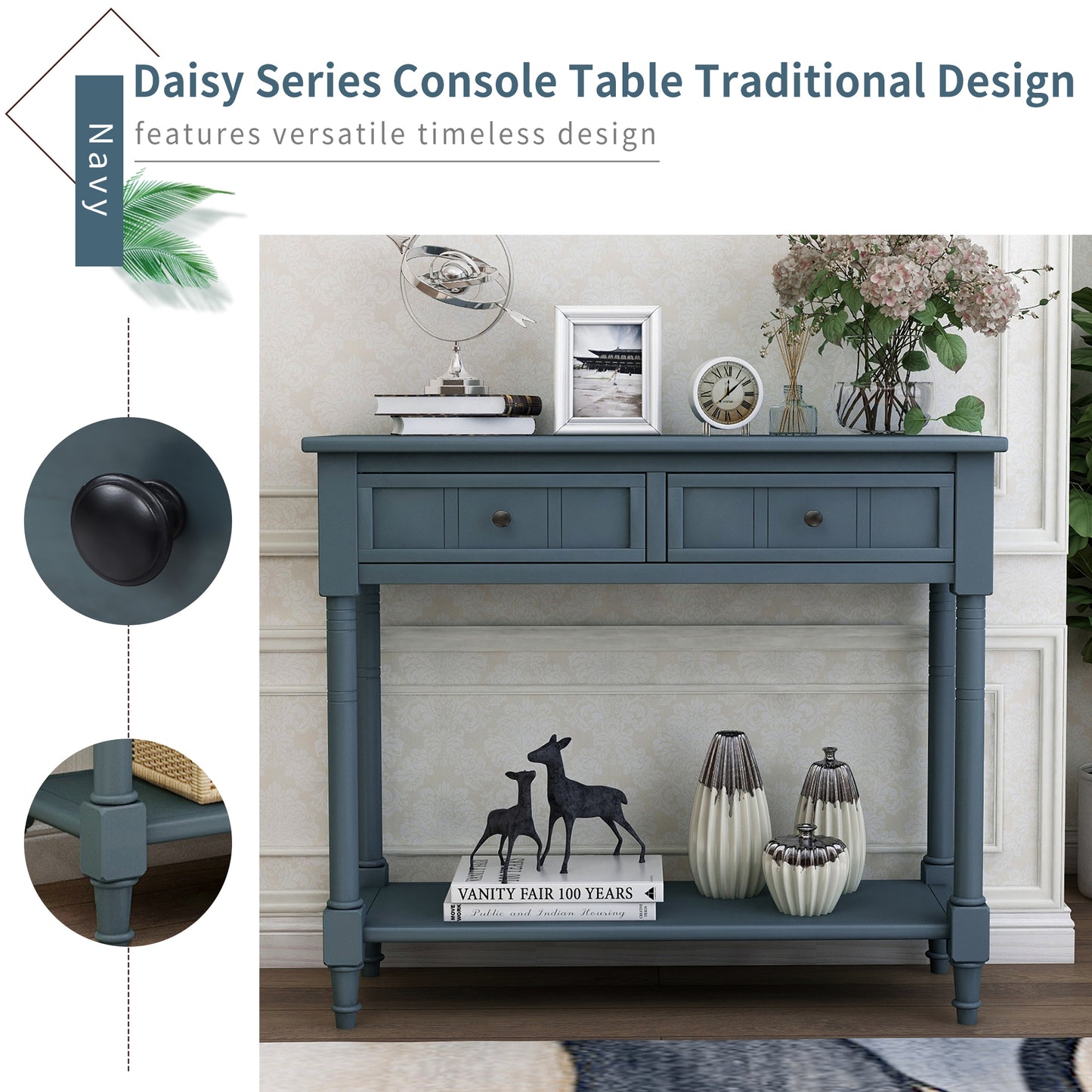 Traditional Console Table with Two Drawers and Bottom Shelf in Navy Finish