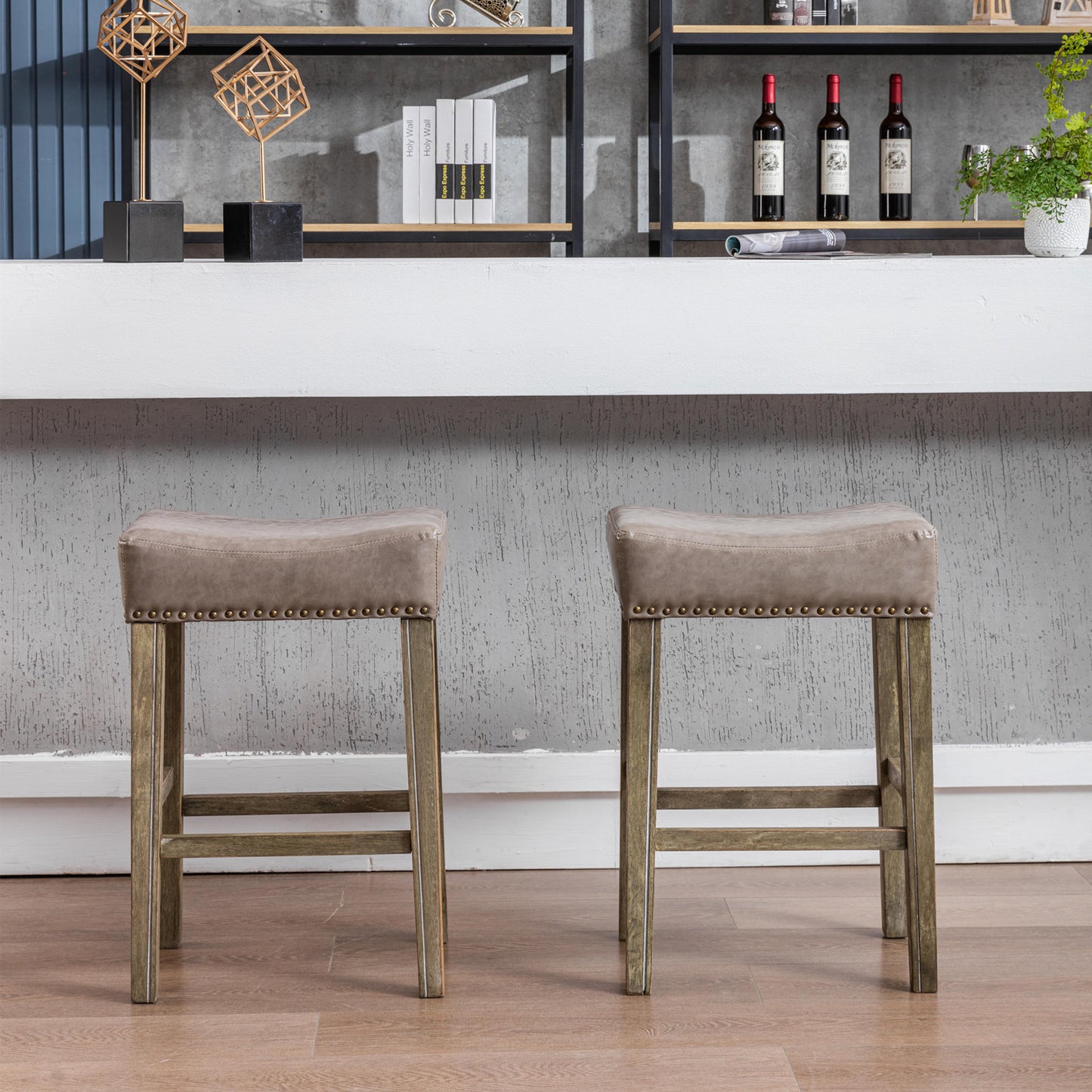 Counter Height 26" Bar Stools for Kitchen Counter Backless  Faux Leather Stools Farmhouse Island Chairs (26 Inch, Gray, Set of 2)