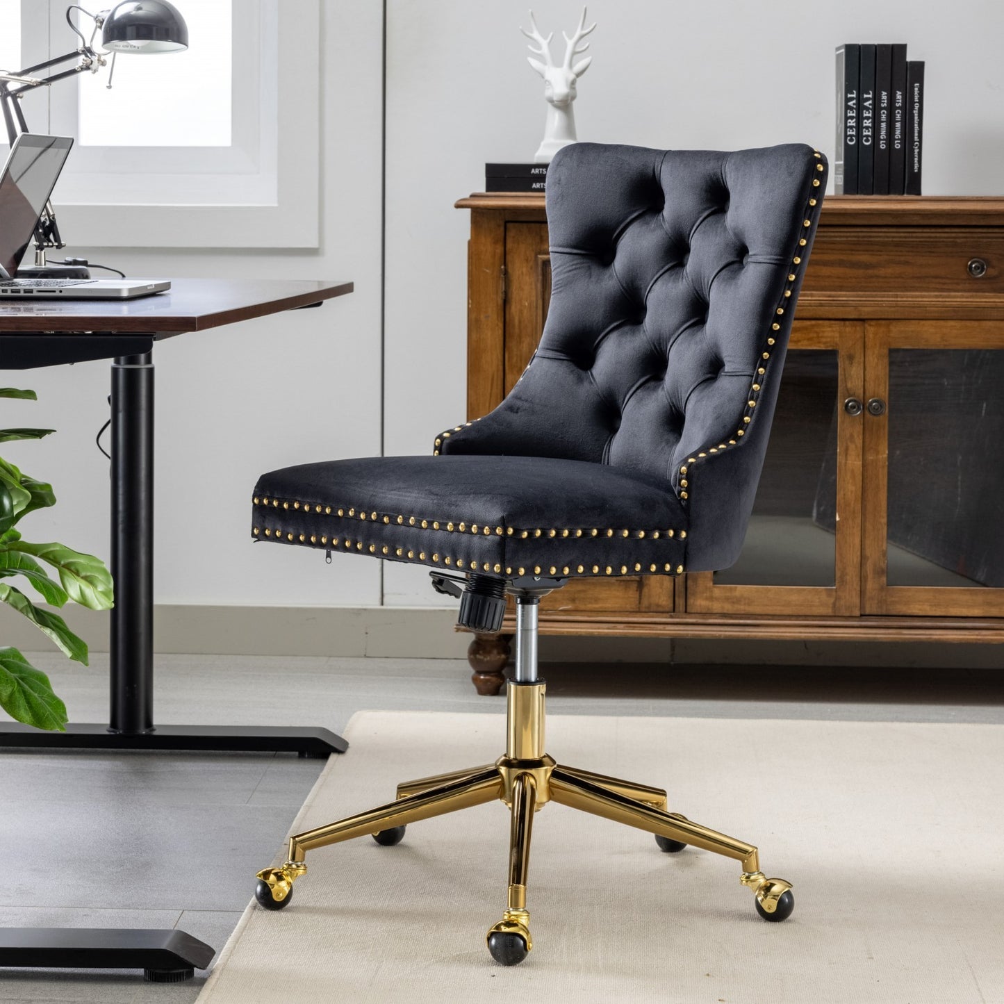 Premium Spring Cushioned Adjustable Desk Chair With Hand-Pulled Buttons And Golden Metal Base